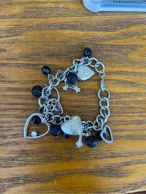 Silver Heart Charm Bracelet with Black Beads